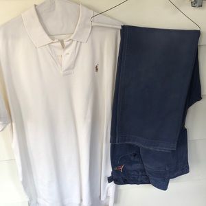 Casual Day Outfit - White Polo, Blue Slacks